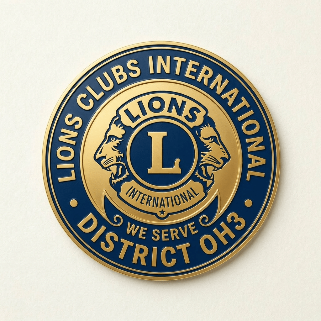 Lions Clubs International emblem with lions' heads and 2023-2024 district 0H3 text