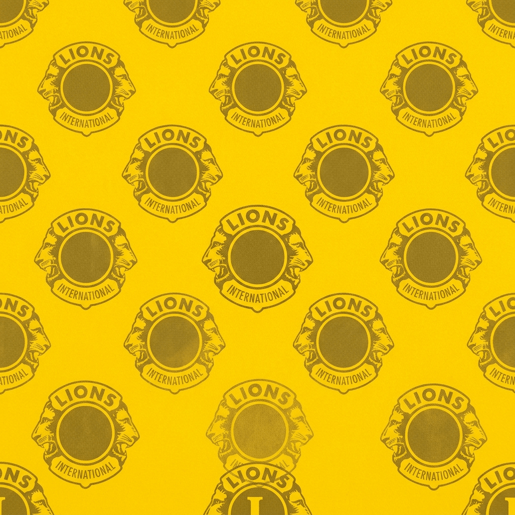 Lions International logos with lion heads and text on yellow background